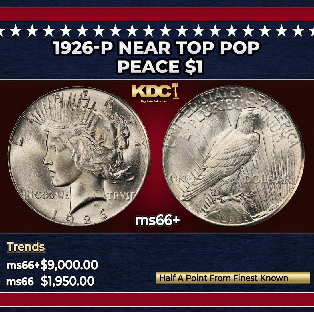 1926-p Peace Dollar Near Top Pop $1 ms66+ SEGS: 1926-p Near Top Pop Peace Dollar $1 ms66+ SEGS. Historic precious metal trends is causing increased spot pricing by the day. On auctions with set openings, we are doing our best to have items priced a