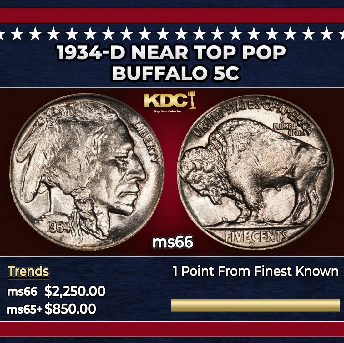 1934-d Buffalo Nickel Near Top Pop 5c ms66 SEGS: 1934-d Near Top Pop Buffalo Nickel 5c ms66 SEGS. Historic precious metal trends is causing increased spot pricing by the day. On auctions with set openings, we are doing our best to have items priced