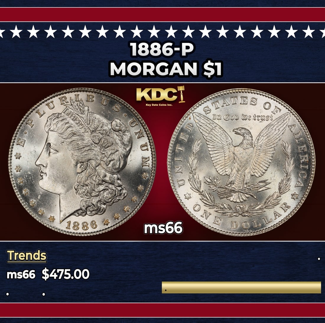 1886-p Morgan Dollar $1 Grades ms66: 1886-p Morgan Dollar $1 Grades ms66. Historic precious metal trends is causing increased spot pricing by the day. On auctions with set openings, we are doing our best to have items priced at their mar