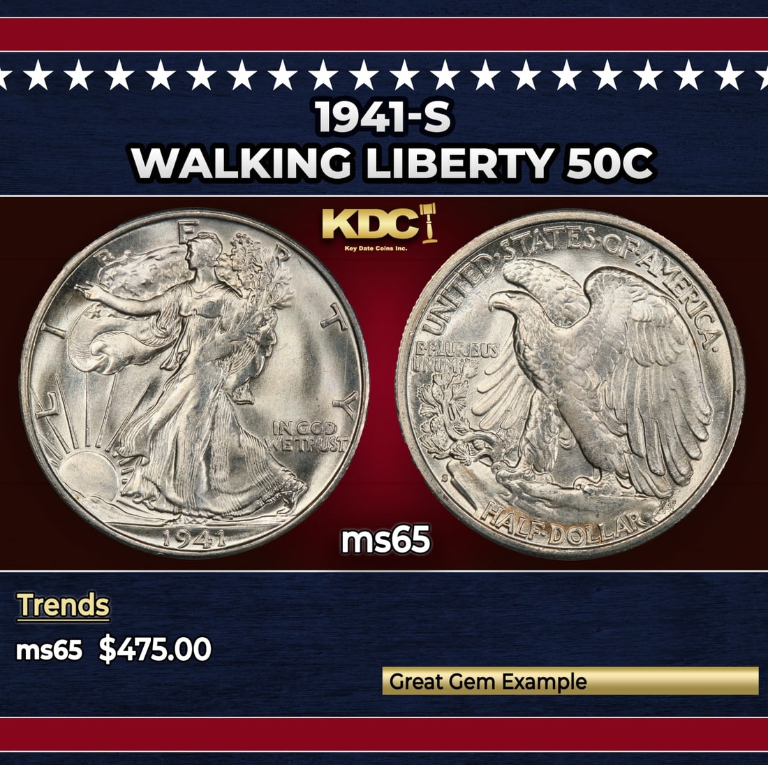 1941-s Walking Liberty Half Dollar 50c Grades ms65: 1941-s Walking Liberty Half Dollar 50c Grades ms65. Historic precious metal trends is causing increased spot pricing by the day. On auctions with set openings, we are doing our best to have items pric
