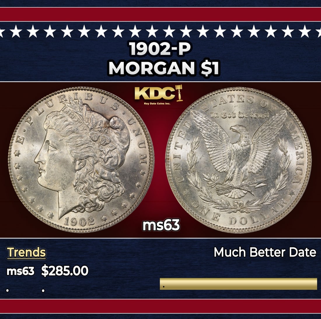 1902-p Morgan Dollar $1 Grades ms63: 1902-p Morgan Dollar $1 Grades ms63. Historic precious metal trends is causing increased spot pricing by the day. On auctions with set openings, we are doing our best to have items priced at their mar