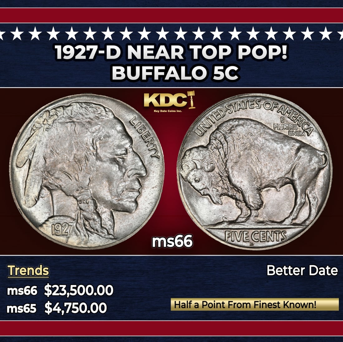 1927-d Buffalo Nickel Near Top Pop! 5c ms66 SEGS: 1927-d Near Top Pop! Buffalo Nickel 5c ms66 SEGS. Historic precious metal trends is causing increased spot pricing by the day. On auctions with set openings, we are doing our best to have items priced
