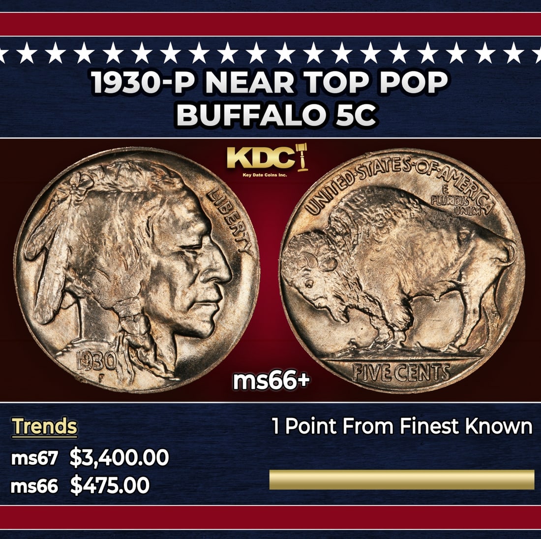 1930-p Buffalo Nickel Near Top Pop 5c ms66+ SEGS: 1930-p Near Top Pop Buffalo Nickel 5c ms66+ SEGS. Historic precious metal trends is causing increased spot pricing by the day. On auctions with set openings, we are doing our best to have items priced