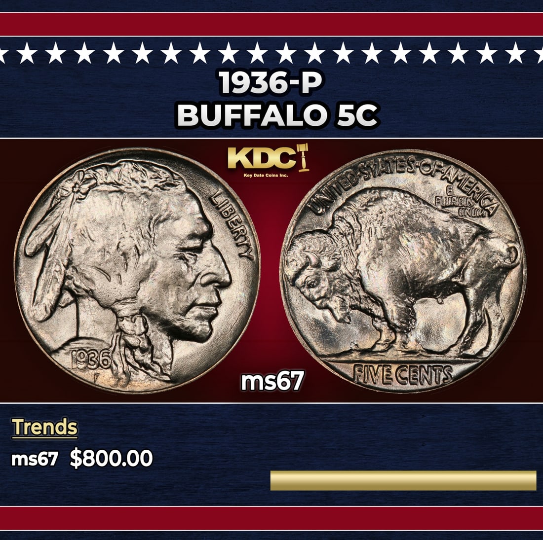 1936-p Buffalo Nickel 5c ms67 SEGS: 1936-p Buffalo Nickel 5c ms67 SEGS. Historic precious metal trends is causing increased spot pricing by the day. On auctions with set openings, we are doing our best to have items priced at their mark