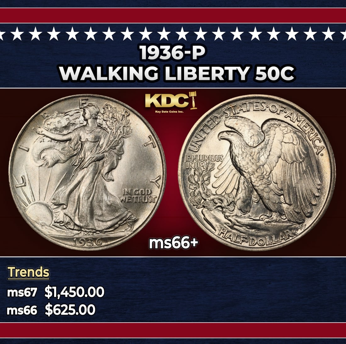 1936-p Walking Liberty Half Dollar 50c ms66+ SEGS: 1936-p Walking Liberty Half Dollar 50c ms66+ SEGS. Historic precious metal trends is causing increased spot pricing by the day. On auctions with set openings, we are doing our best to have items price
