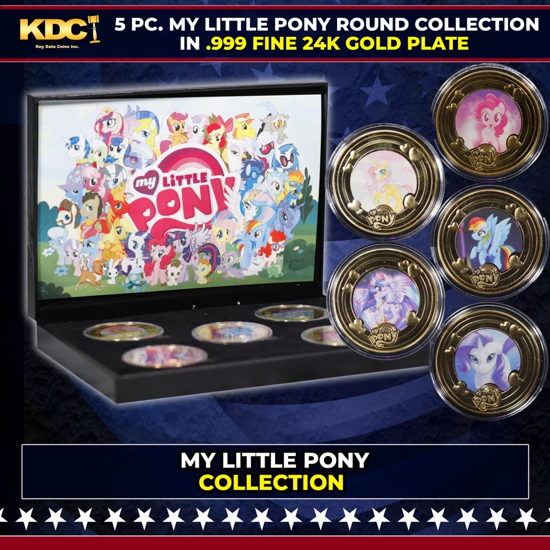 5 Coin My Little Pony Gold Plated Round Collection In Custom Box W/ Special Backer card: 5 Coin My Little Pony Gold Plated Round Collection In Custom Box W/ Special Backer card. Please Note All Backer Cards may have slight differences but will be very similar if not identical to the one i