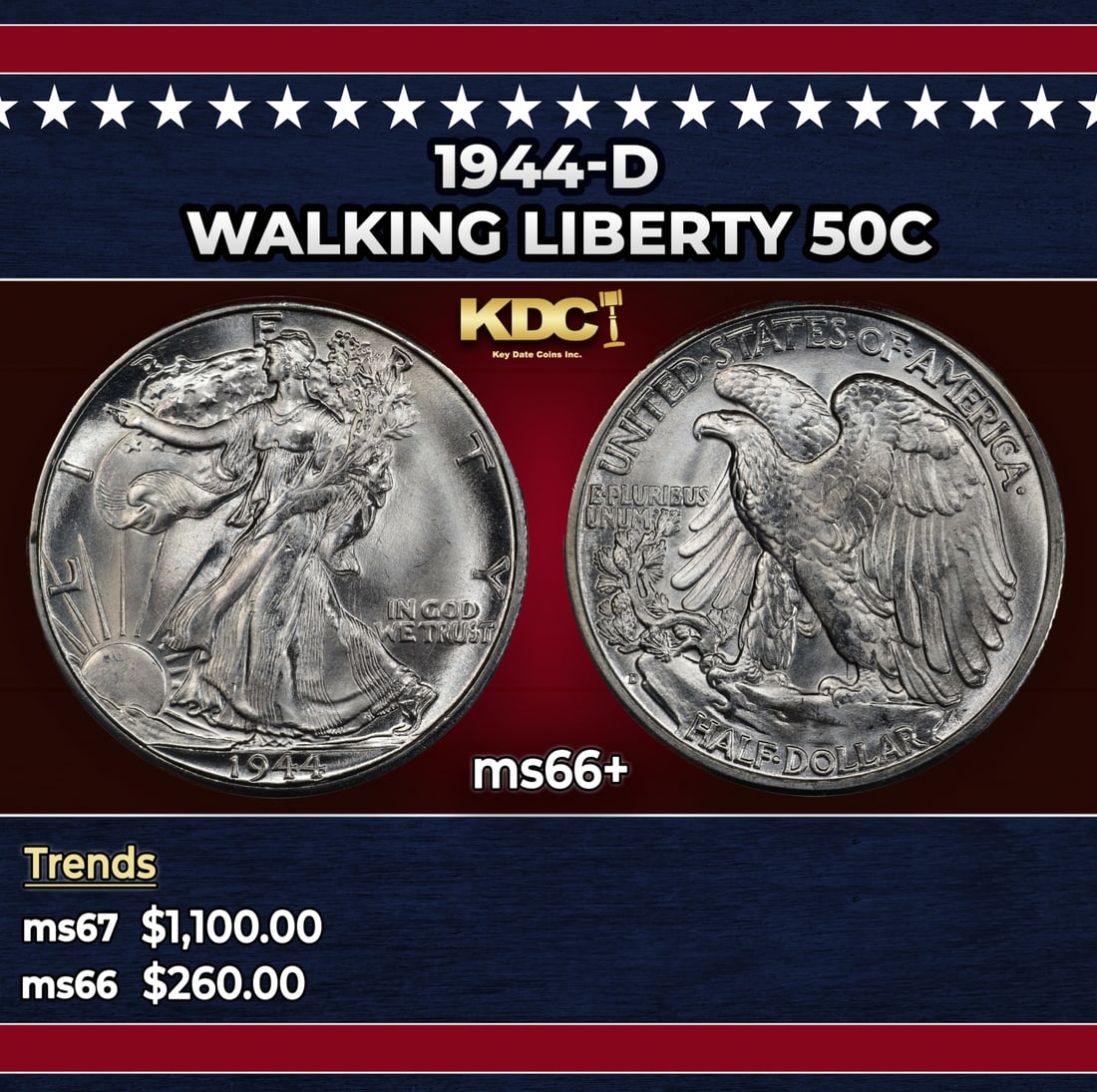 1944-d Walking Liberty Half Dollar 50c ms66+ SEGS: 1944-d Walking Liberty Half Dollar 50c ms66+ SEGS. Historic precious metal trends is causing increased spot pricing by the day. On auctions with set openings, we are doing our best to have items price