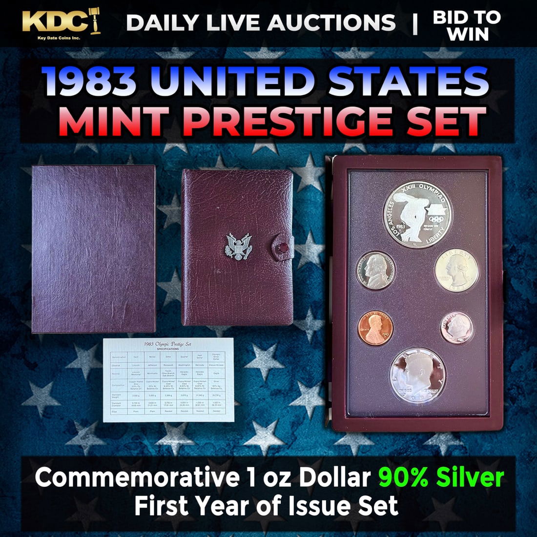 1983 United States Mint Prestige Proof Set 6 Coins First Year Of Issue W/ Box & COA: 1983 United States Mint Prestige Proof Set 6 Coins First Year Of Issue W/ Box & COA. Product DetailsThis wonderful six-piece set includes all of the proof issue coins of 1983 as well as a commemorativ