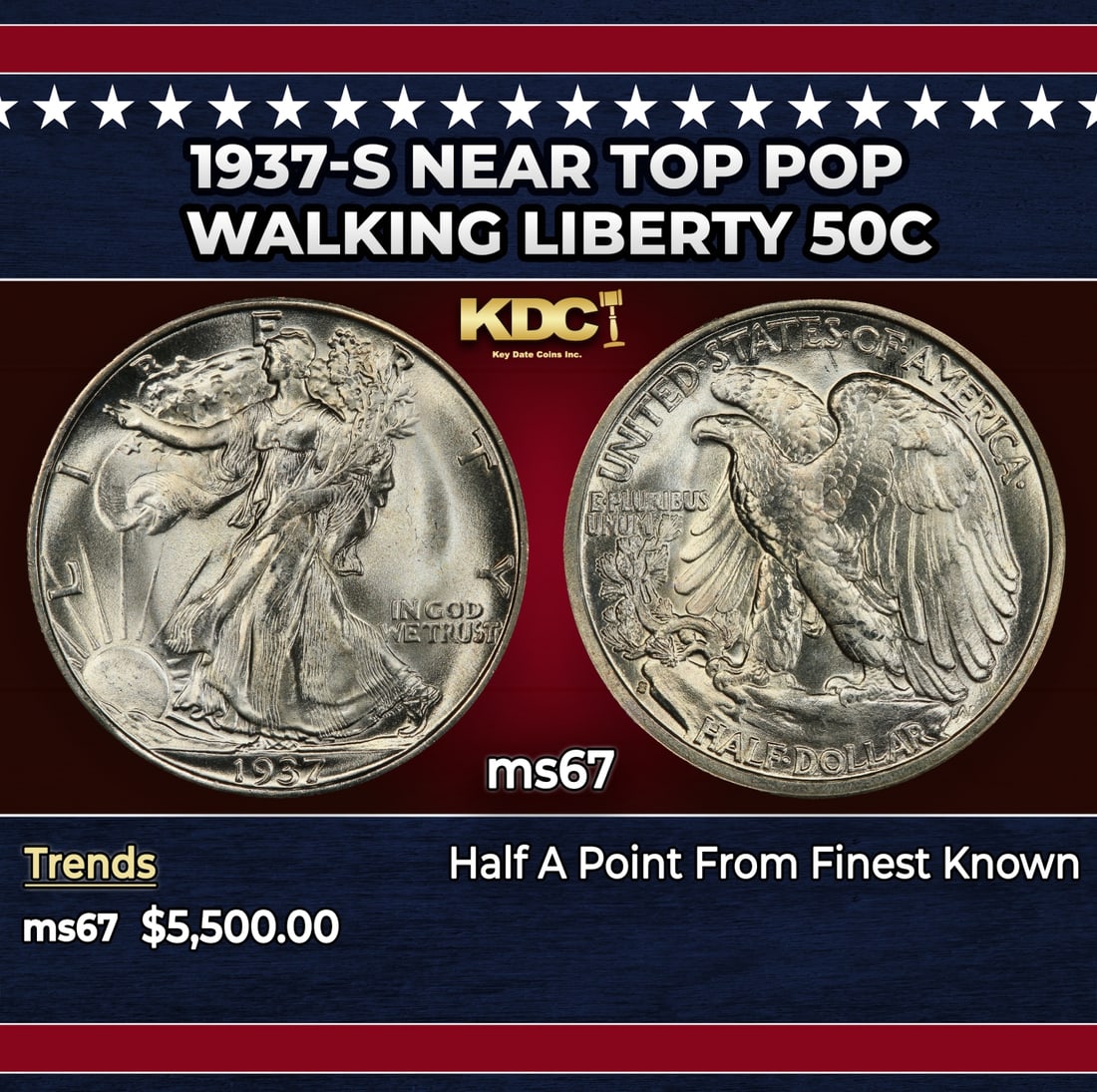 1937-s Walking Liberty Half Dollar Near Top Pop 50c ms67 SEGS: 1937-s Near Top Pop Walking Liberty Half Dollar 50c ms67 SEGS. Historic precious metal trends is causing increased spot pricing by the day. On auctions with set openings, we are doing our best to have