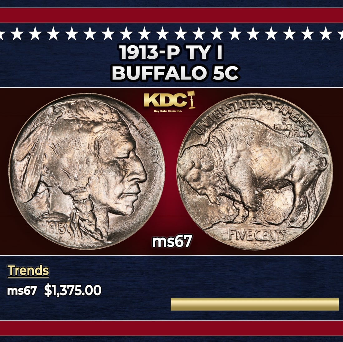 1913-p Ty I Buffalo Nickel 5c ms67 SEGS: 1913-p Ty I Buffalo Nickel 5c ms67 SEGS. Historic precious metal trends is causing increased spot pricing by the day. On auctions with set openings, we are doing our best to have items priced at their
