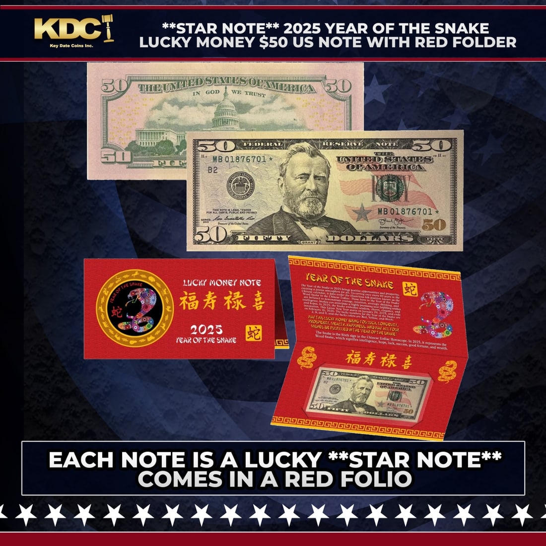 **Star Note** 2025 Year of the Snake Lucky Money $50 US Note with Red Folder Other Toy: **Star Note** 2025 Year of the Snake Lucky Money $50 US Note with Red Folder. To celebrate the 2025 Year of the Snake Chinese Lunar New Year, we have the newest addition to the Lucky Money Collection.