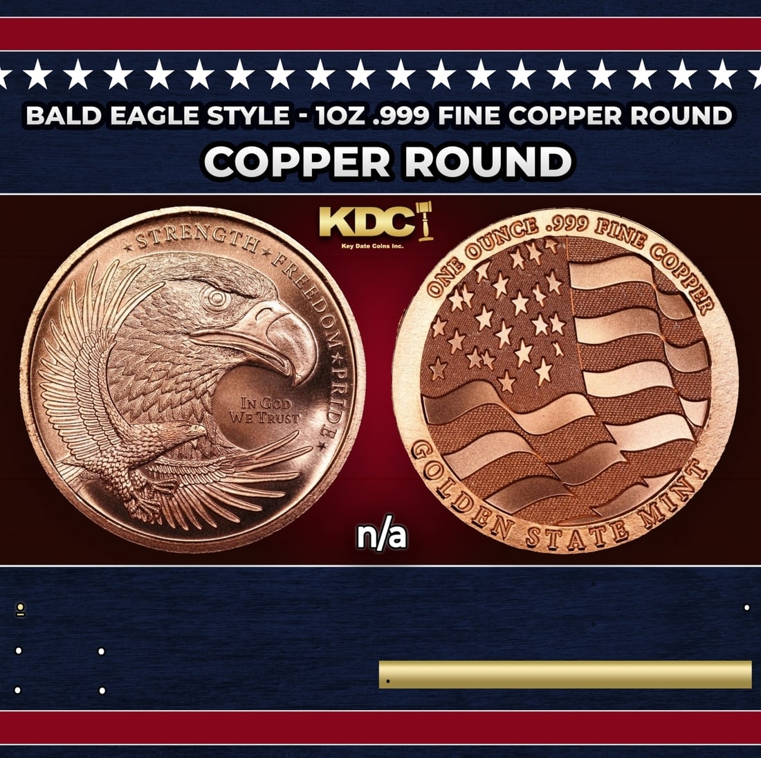 Bald Eagle Style - 1oz .999 Fine Copper Round: Bald Eagle Style - 1oz .999 Fine Copper Round. Historic precious metal trends is causing increased spot pricing by the day. On auctions with set openings, we are doing our best to have items priced at