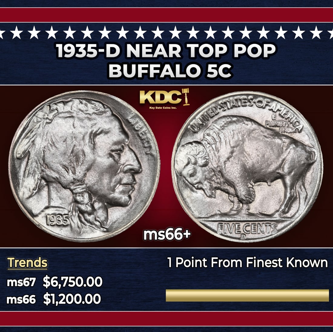 1935-d Buffalo Nickel Near Top Pop 5c ms66+ SEGS: 1935-d Near Top Pop Buffalo Nickel 5c ms66+ SEGS. Historic precious metal trends is causing increased spot pricing by the day. On auctions with set openings, we are doing our best to have items priced