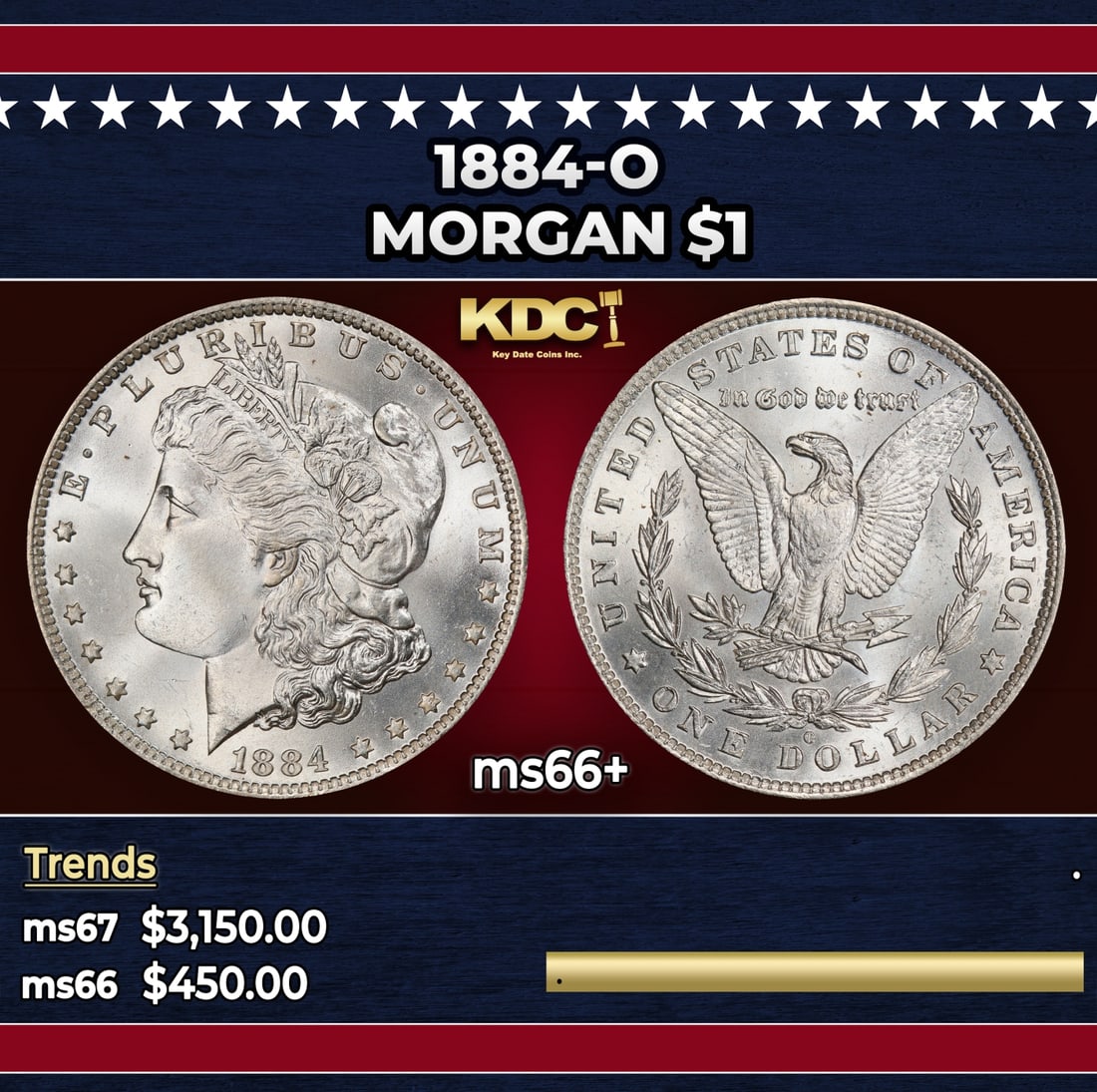 1884-o Morgan Dollar $1 ms66+ SEGS: 1884-o Morgan Dollar $1 ms66+ SEGS. Historic precious metal trends is causing increased spot pricing by the day. On auctions with set openings, we are doing our best to have items priced at their mark