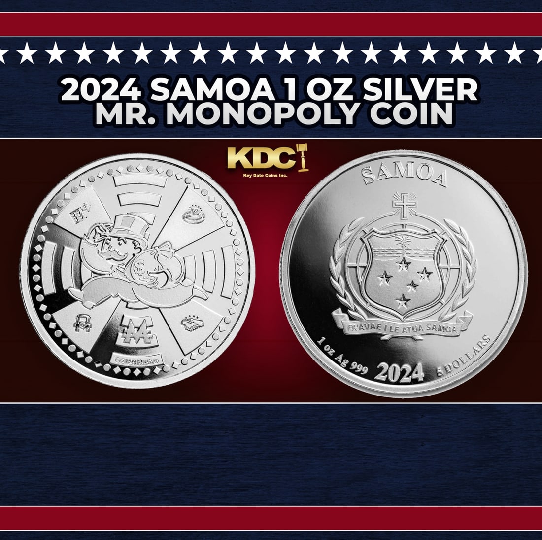 2024 Samoa 1 oz Silver Mr. Monopoly Coin Round: 2024 Samoa 1 oz Silver Mr. Monopoly Coin. This has a limited mintage of 15,000 coins. This bullion silver coin, issued by the country of Samoa, pays tribute to Mr. Monopoly, also known as Rich Uncle M