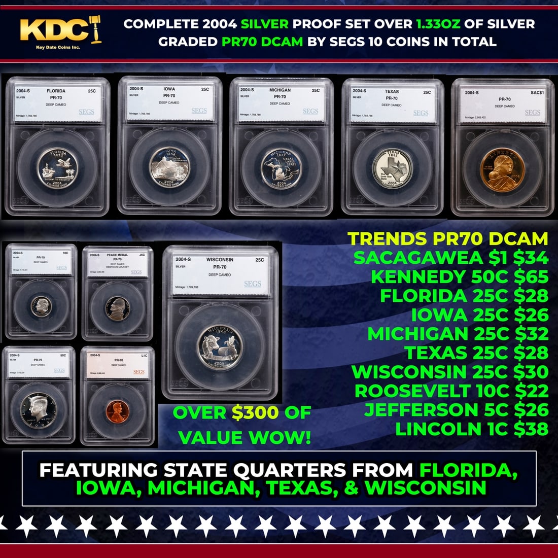 2004 US Silver Proof Set Graded pr70 DCAM By SEGS about 1.5 oz of pure silver 10 Coins: 2004 US Silver Proof Set Graded pr70 DCAM By SEGS about 1.5 oz of pure silver 10 Coins. Historic precious metal trends is causing increased spot pricing by the day. On auctions with set openings, we a