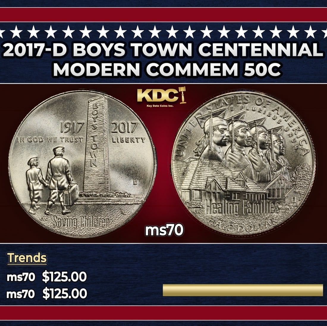 2017-d Boys Town Centennial Modern Commem Half Dollar 50c ms70 SEGS: 2017-d Boys Town Centennial Modern Commem Half Dollar 50c ms70 SEGS. Historic precious metal trends is causing increased spot pricing by the day. On auctions with set openings, we are doing our best t