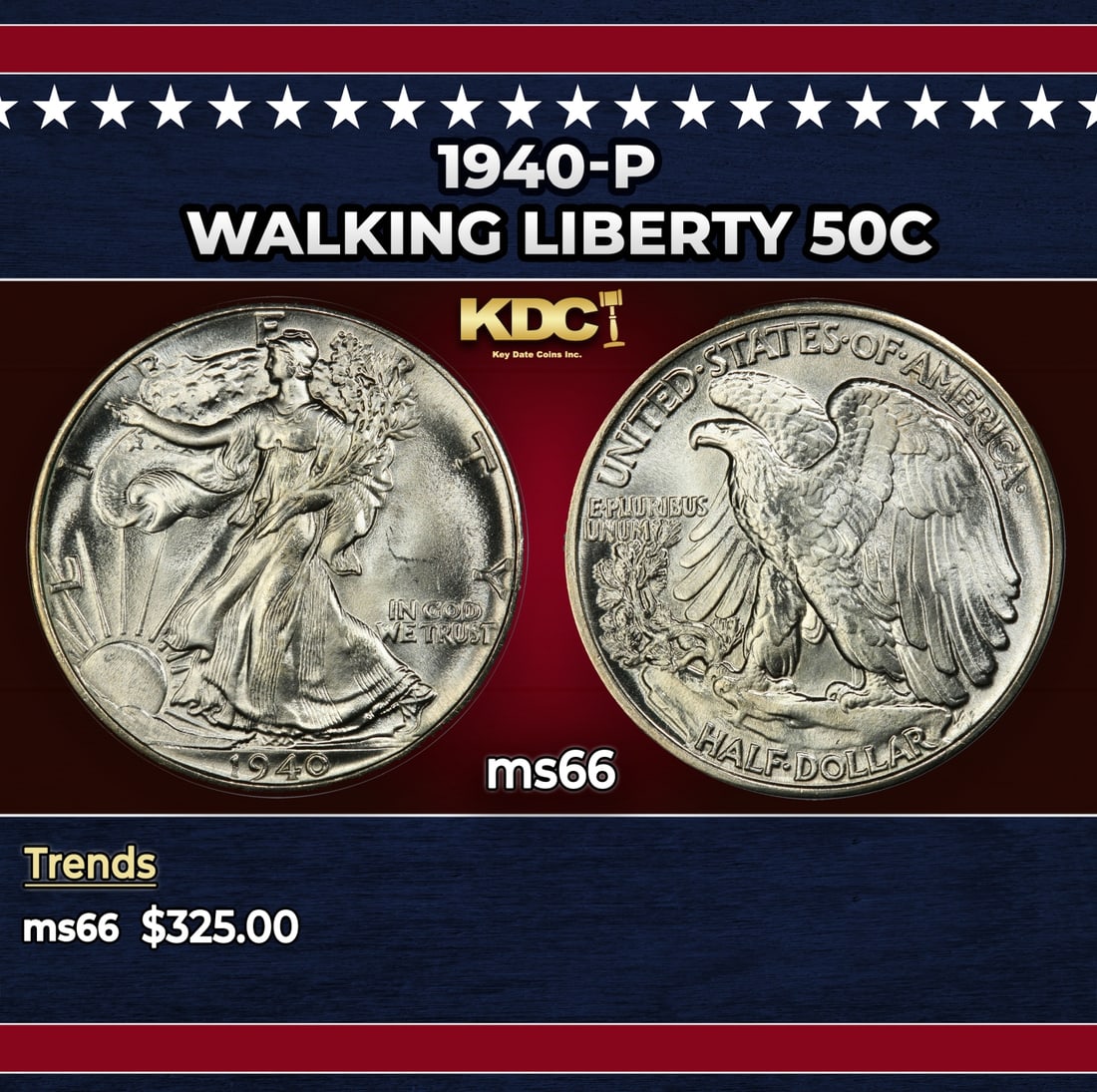 1940-p Walking Liberty Half Dollar 50c Grades ms66: 1940-p Walking Liberty Half Dollar 50c Grades ms66. Historic precious metal trends is causing increased spot pricing by the day. On auctions with set openings, we are doing our best to have items pric