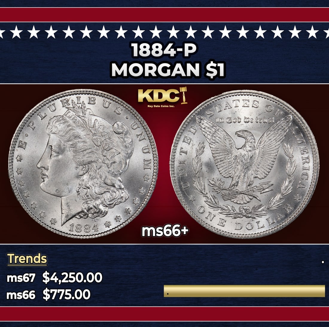 1884-p Morgan Dollar $1 ms66+ SEGS: 1884-p Morgan Dollar $1 ms66+ SEGS. Historic precious metal trends is causing increased spot pricing by the day. On auctions with set openings, we are doing our best to have items priced at their mark