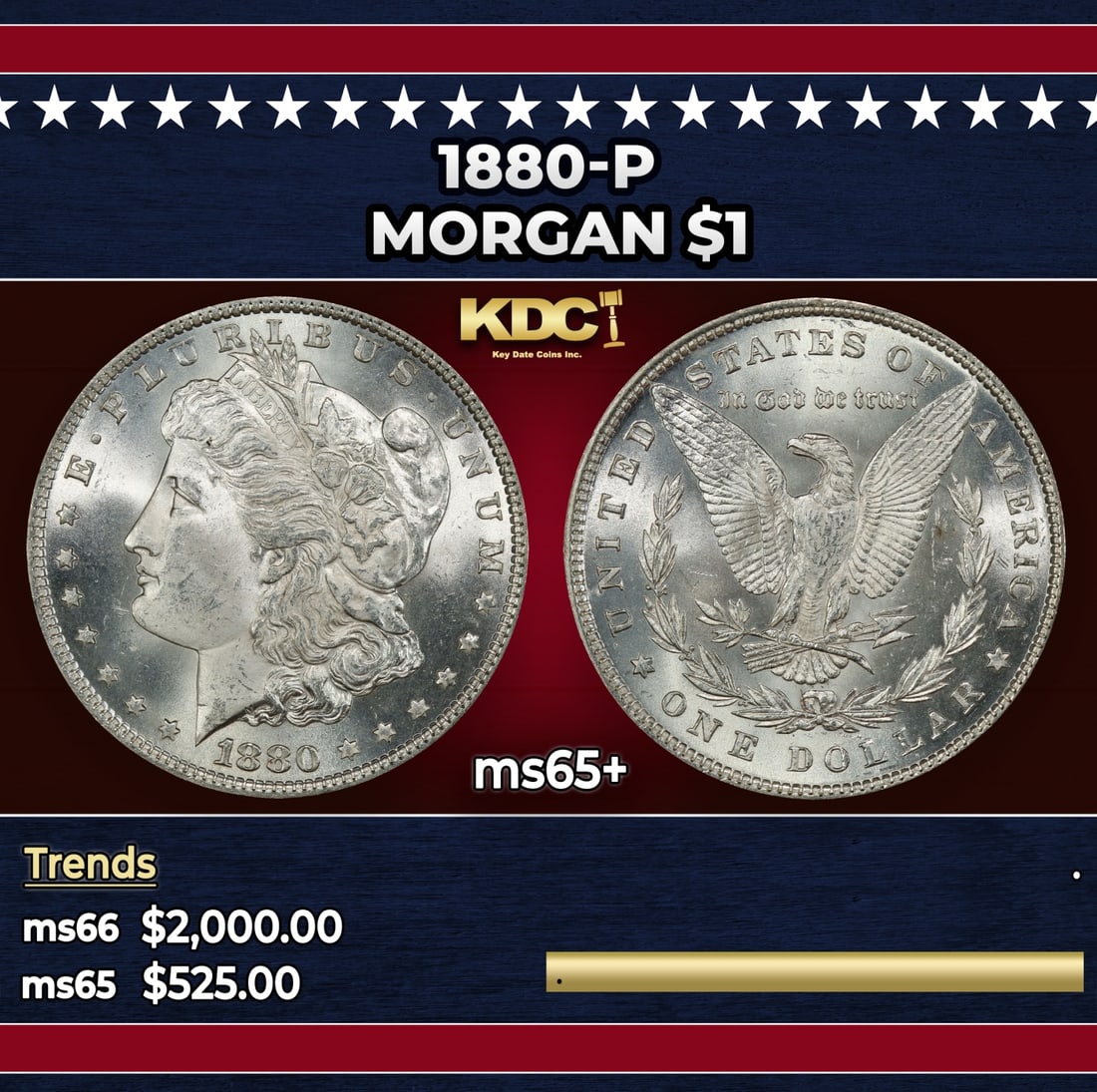 1880-p Morgan Dollar $1 ms65+ SEGS: 1880-p Morgan Dollar $1 ms65+ SEGS. Historic precious metal trends is causing increased spot pricing by the day. On auctions with set openings, we are doing our best to have items priced at their mark