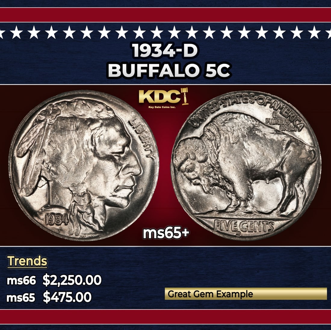 1934-d Buffalo Nickel 5c ms65+ SEGS: 1934-d Buffalo Nickel 5c ms65+ SEGS. Historic precious metal trends is causing increased spot pricing by the day. On auctions with set openings, we are doing our best to have items priced at their mar