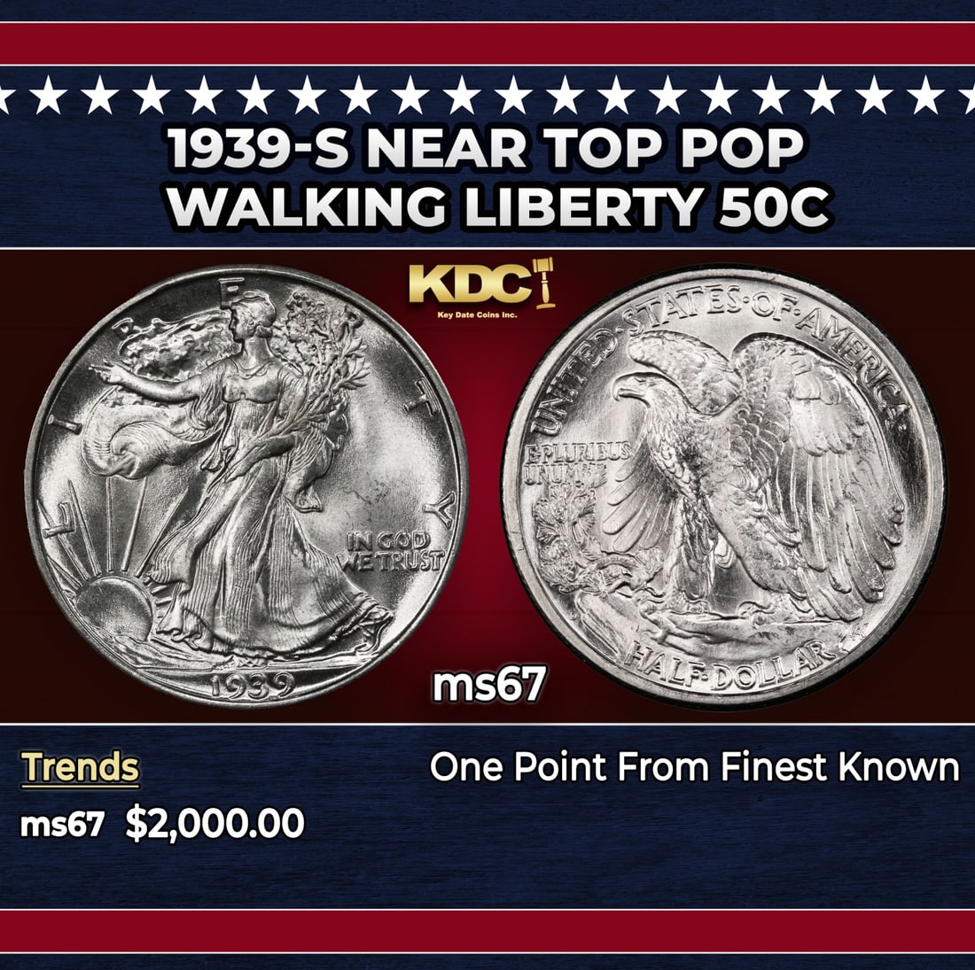 1939-s Walking Liberty Half Dollar Near Top Pop 50c ms67 SEGS: 1939-s Near Top Pop Walking Liberty Half Dollar 50c ms67 SEGS. Historic precious metal trends is causing increased spot pricing by the day. On auctions with set openings, we are doing our best to have