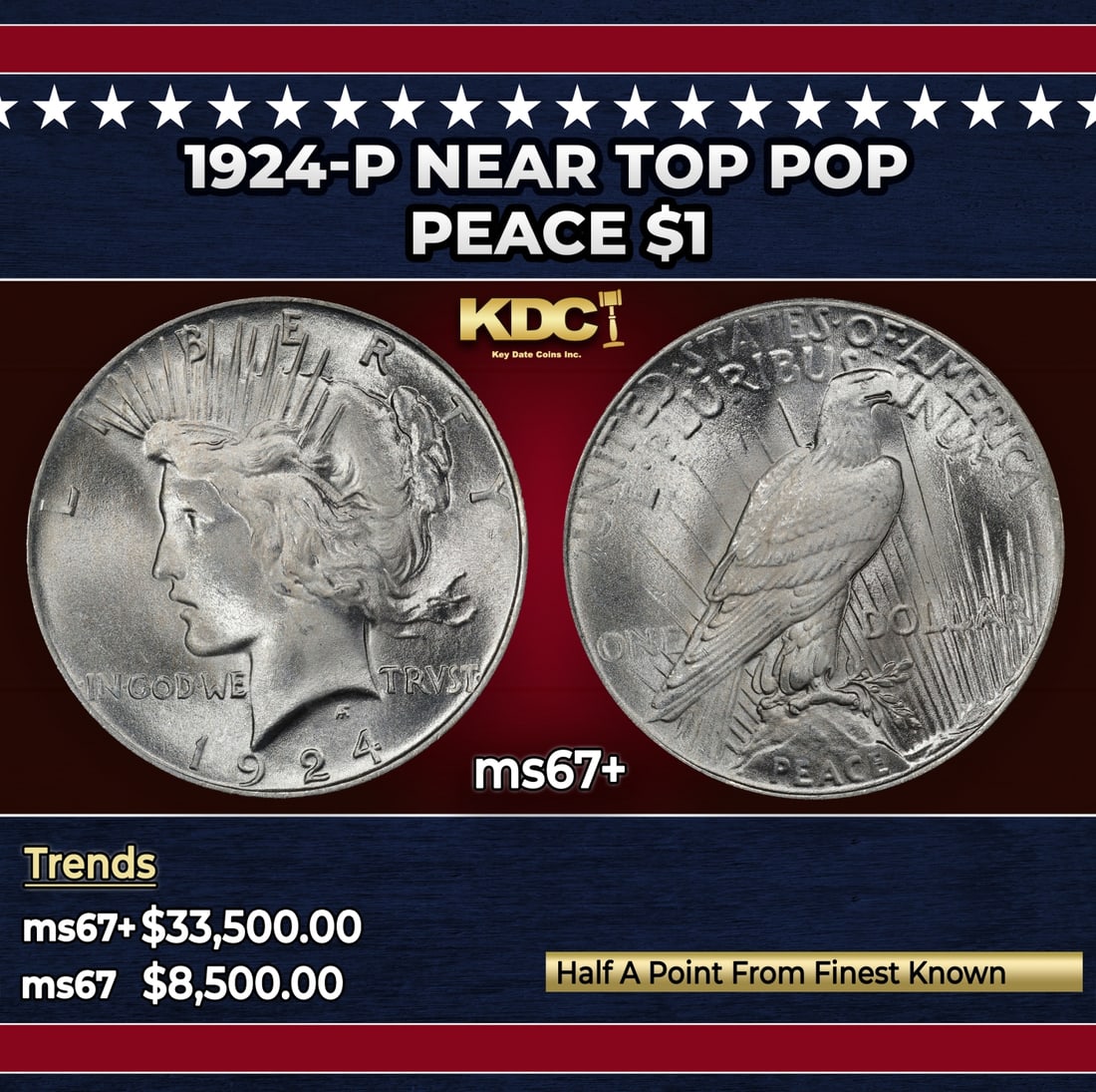 1924-p Peace Dollar Near Top Pop $1 ms67+ SEGS: 1924-p Near Top Pop Peace Dollar $1 ms67+ SEGS. Historic precious metal trends is causing increased spot pricing by the day. On auctions with set openings, we are doing our best to have items priced a