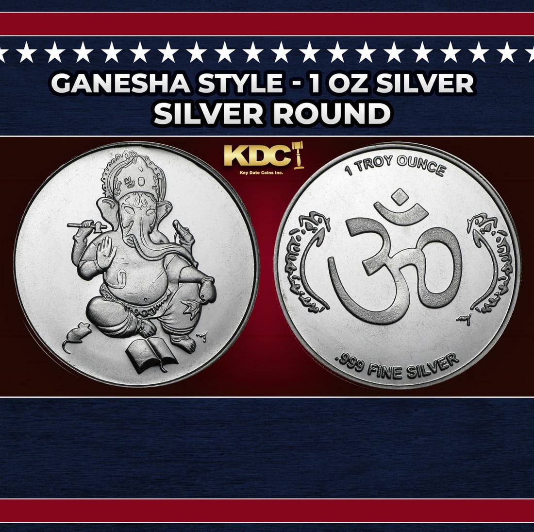 Hindu Deity Ganesha Style - 1 oz Silver Round Round: Hindu Deity Ganesha Style - 1 oz Silver Round. This unique silver round features a traditional depiction of Ganesha, one of the most worshipped deities in Hinduism. Ganesha is regarded as the god of s