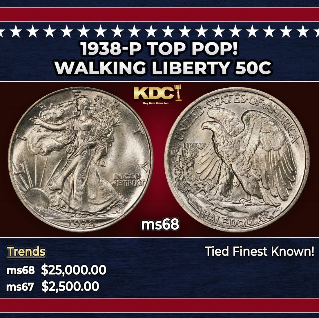 1938-p Walking Liberty Half Dollar TOP POP! 50c ms68 SEGS: 1938-p TOP POP! Walking Liberty Half Dollar 50c ms68 SEGS. Historic precious metal trends is causing increased spot pricing by the day. On auctions with set openings, we are doing our best to have ite