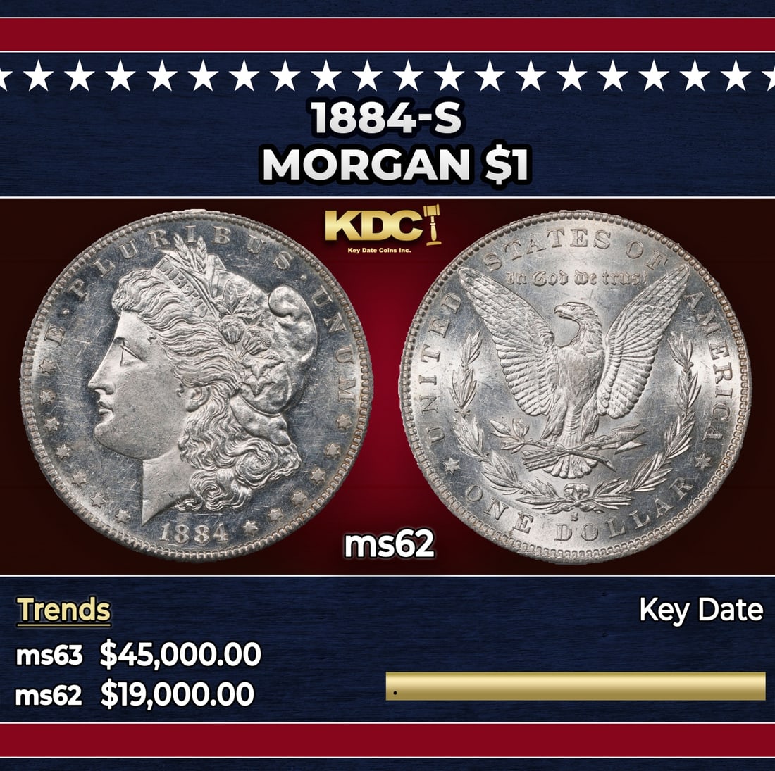 1884-s Morgan Dollar $1 ms62 USCG: 1884-s Morgan Dollar $1 ms62 USCG. Historic precious metal trends is causing increased spot pricing by the day. On auctions with set openings, we are doing our best to have items priced at their marke