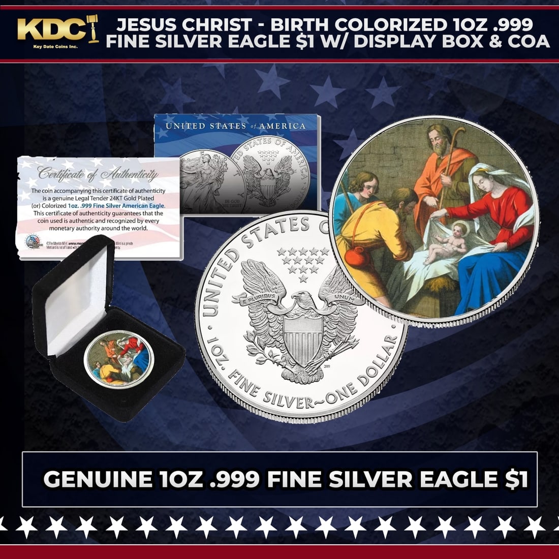 Jesus Christ - Birth Colorized 1oz .999 Fine Silver Eagle $1 w/ Display Box & COA Other Toy: Jesus Christ - Birth Colorized 1oz .999 Fine Silver Eagle $1 w/ Display Box & COA. Here's your chance to own a stunning JESUS CHRIST - BIRTH colorized American Silver Eagle Dollar coin, expertly trans