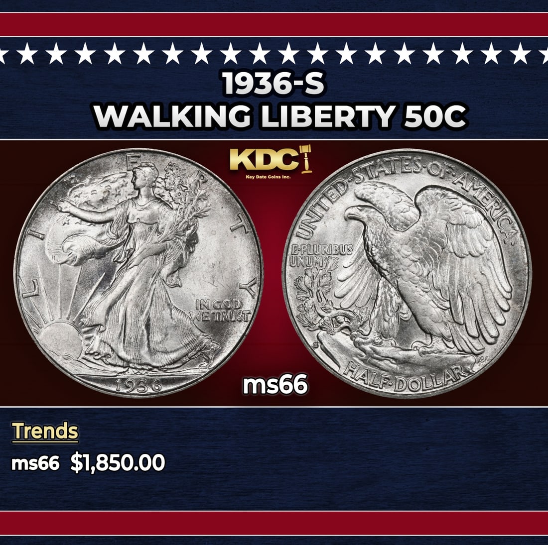 1936-s Walking Liberty Half Dollar 50c ms66 SEGS: 1936-s Walking Liberty Half Dollar 50c ms66 SEGS. Historic precious metal trends is causing increased spot pricing by the day. On auctions with set openings, we are doing our best to have items priced