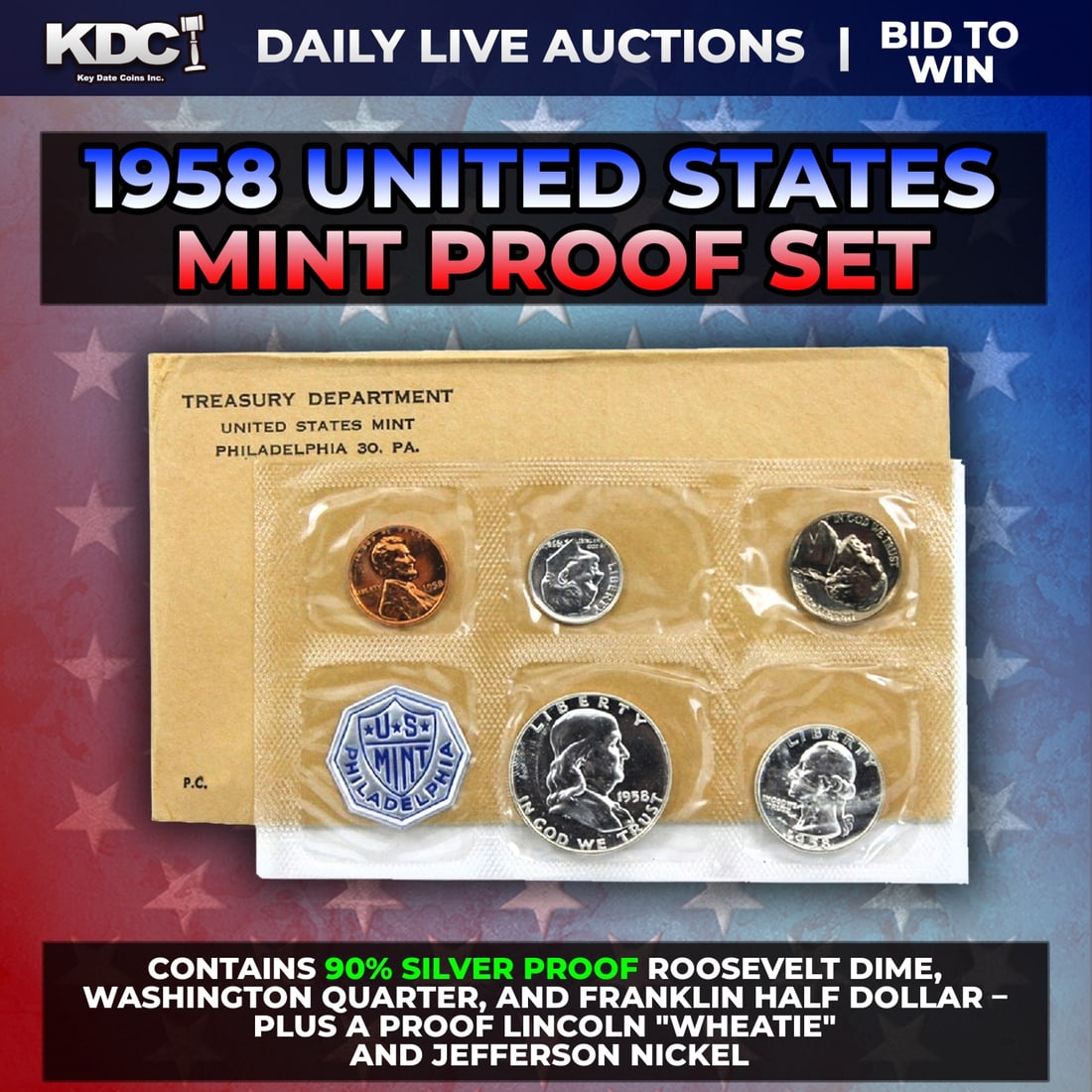 1958 United States Mint Silver Proof Set In Original Goventment Packaging, 5 Coins - Manilla: 1958 United States Mint Silver Proof Set In Original Goventment Packaging, 5 Coins - Manilla Envelope. Those who appreciate low-mintage coins of the finest quality will enjoy owning this official 1956