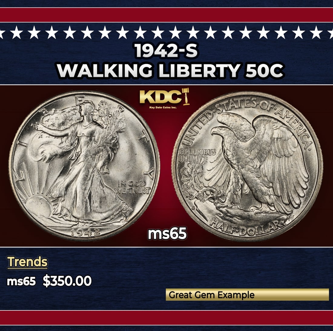 1942-s Walking Liberty Half Dollar 50c Grades ms65: 1942-s Walking Liberty Half Dollar 50c Grades ms65. Historic precious metal trends is causing increased spot pricing by the day. On auctions with set openings, we are doing our best to have items pric