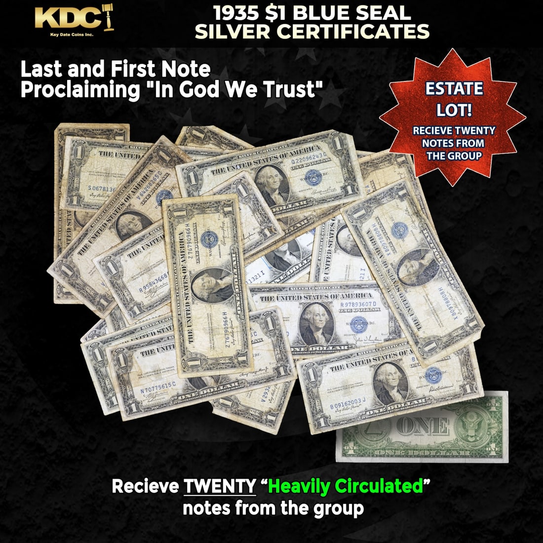 20x 1935 $1 Blue Seal Silver Certificates Heavily Circulated: 20x 1935 $1 Blue Seal Silver Certificates Heavily Circulated. Silver Certificates were redeemable in Silver. One of their most distinctive qualities is the blue Treasury seal and serial numbers. These