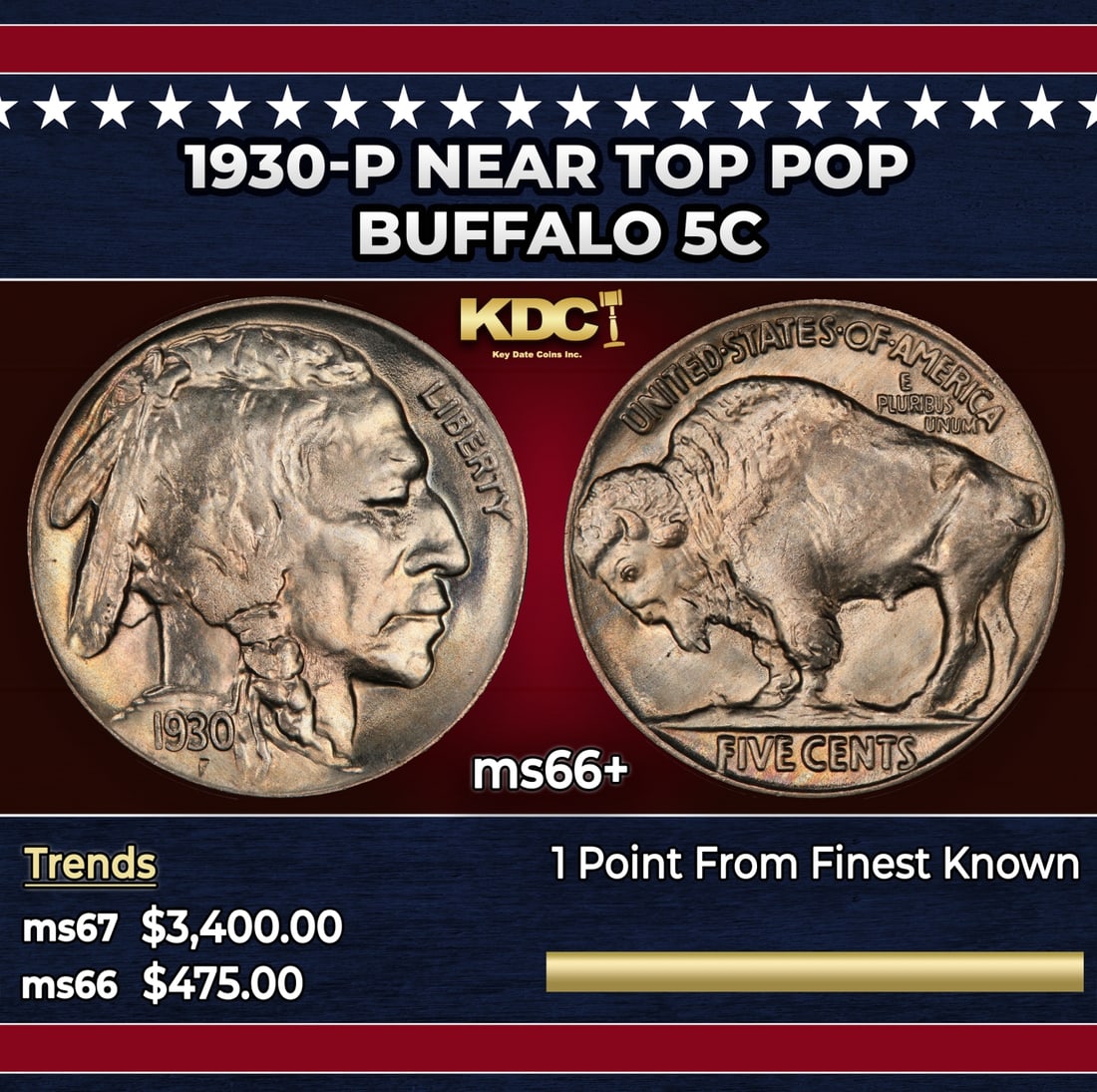 1930-p Buffalo Nickel Near Top Pop 5c ms66+ SEGS: 1930-p Near Top Pop Buffalo Nickel 5c ms66+ SEGS. Historic precious metal trends is causing increased spot pricing by the day. On auctions with set openings, we are doing our best to have items priced