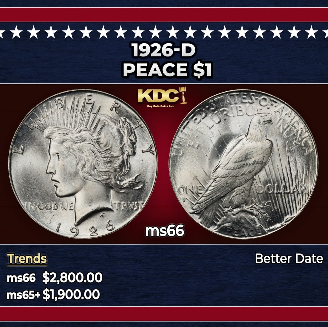 1926-d Peace Dollar $1 ms66 SEGS: 1926-d Peace Dollar $1 ms66 SEGS. Historic precious metal trends is causing increased spot pricing by the day. On auctions with set openings, we are doing our best to have items priced at their market
