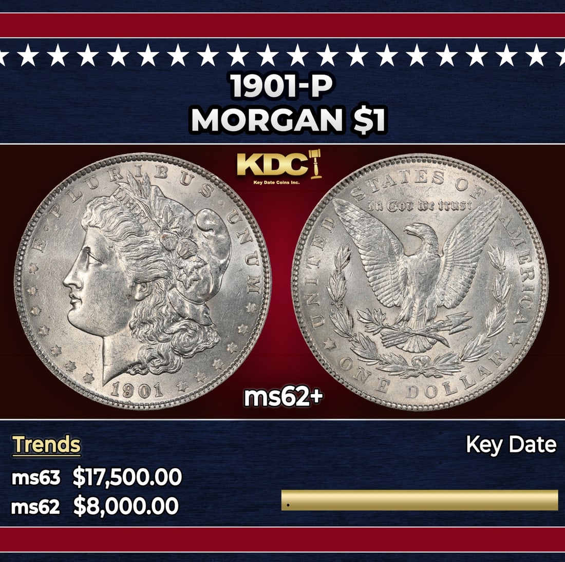 1901-p Morgan Dollar $1 ms62+ USCG: 1901-p Morgan Dollar $1 ms62+ USCG. Historic precious metal trends is causing increased spot pricing by the day. On auctions with set openings, we are doing our best to have items priced at their mark