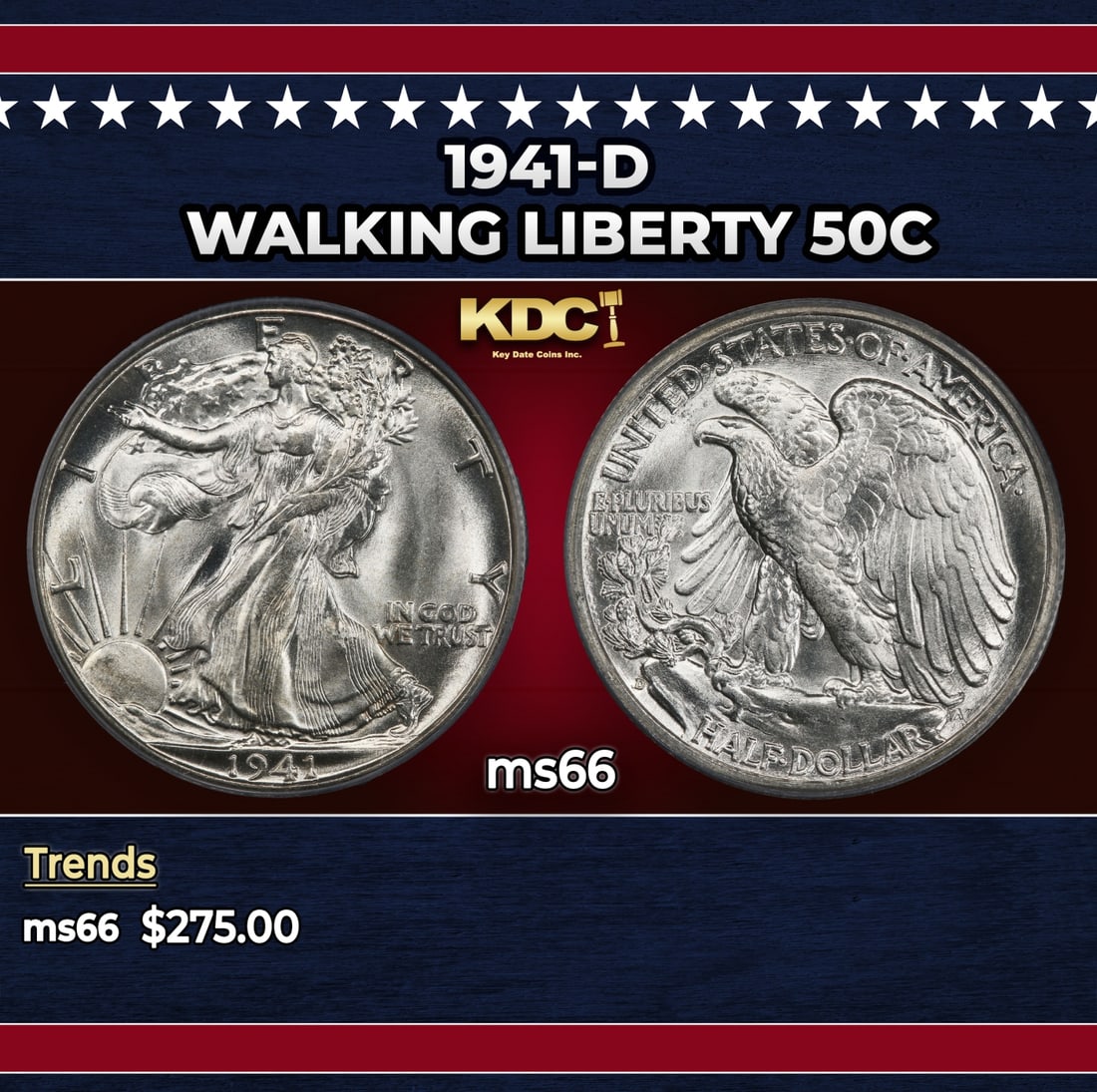 1941-d Walking Liberty Half Dollar 50c Grades ms66: 1941-d Walking Liberty Half Dollar 50c Grades ms66. Historic precious metal trends is causing increased spot pricing by the day. On auctions with set openings, we are doing our best to have items pric