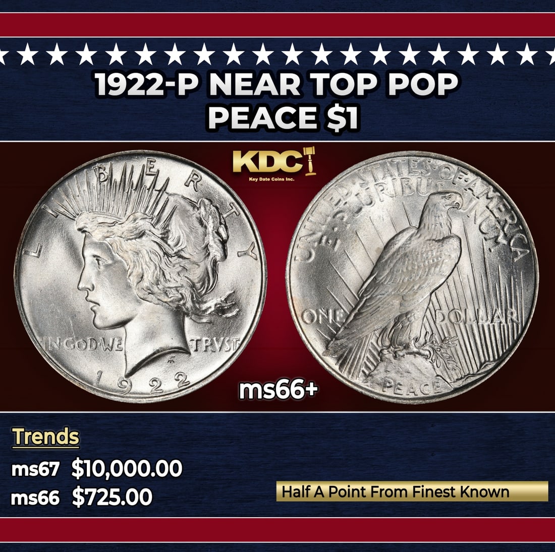 1922-p Peace Dollar Near Top Pop $1 ms66+ SEGS: 1922-p Near Top Pop Peace Dollar $1 ms66+ SEGS. Historic precious metal trends is causing increased spot pricing by the day. On auctions with set openings, we are doing our best to have items priced a