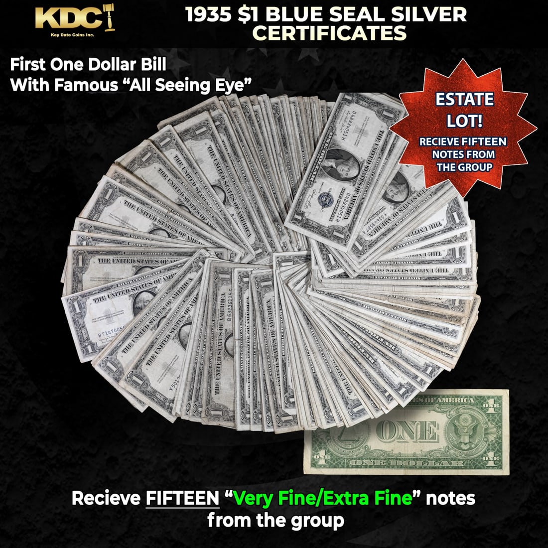 15x 1935 $1 Blue Seal Silver Certificates Grades VF/XF: 15x 1935 $1 Blue Seal Silver Certificates Grades VF/XF. Silver Certificates were redeemable in Silver. One of their most distinctive qualities is the blue Treasury seal and serial numbers. These notes