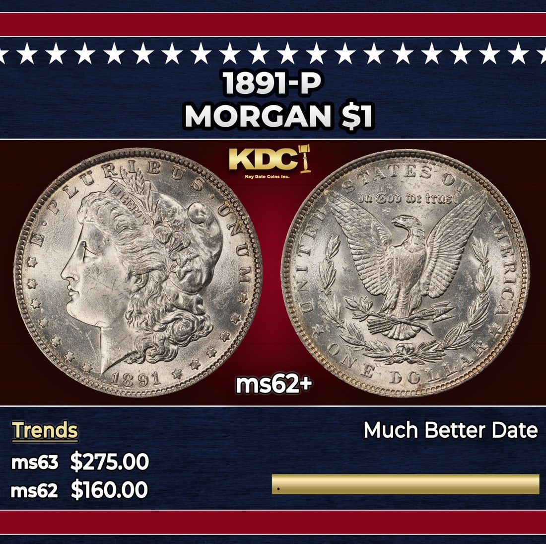 1891-p Morgan Dollar $1 Grades ms62+ (1 of 3)