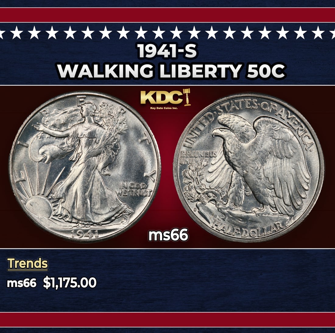 1941-s Walking Liberty Half Dollar 50c ms66 SEGS: 1941-s Walking Liberty Half Dollar 50c ms66 SEGS. Historic precious metal trends is causing increased spot pricing by the day. On auctions with set openings, we are doing our best to have items priced
