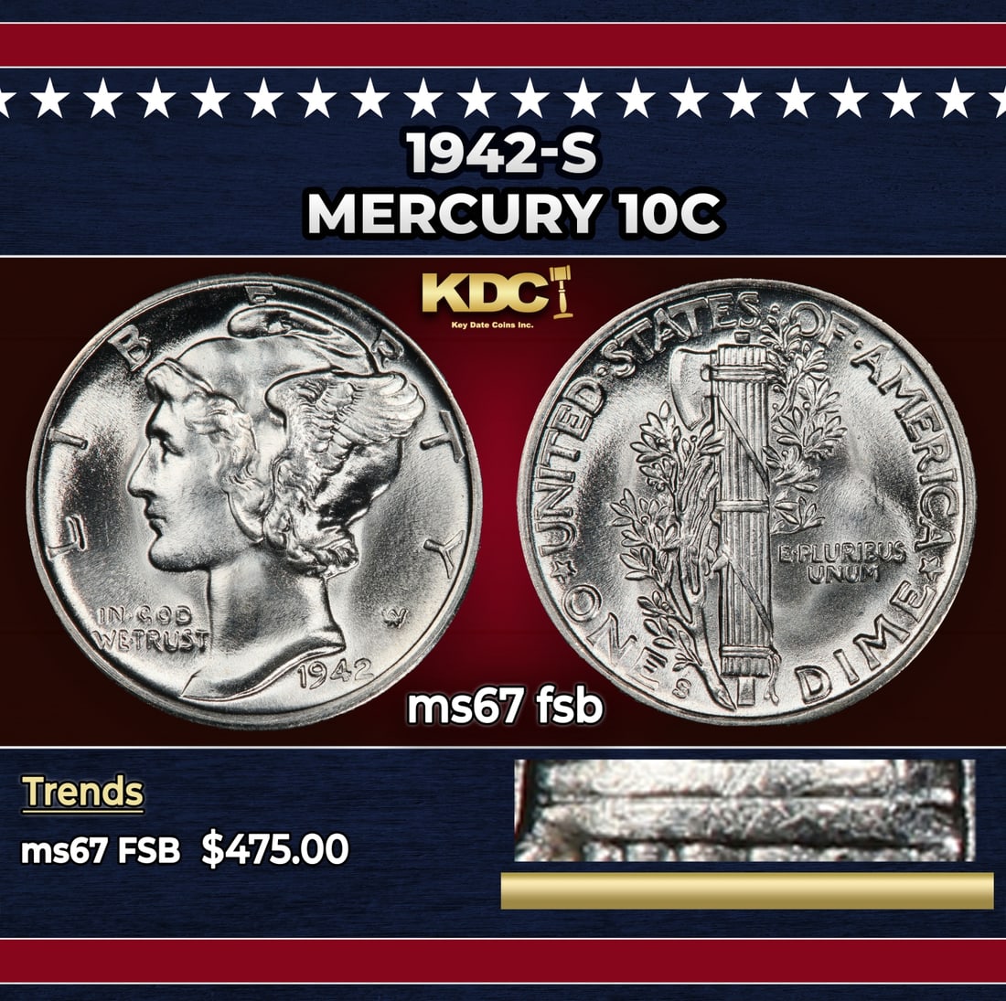 1942-s Mercury Dime 10c ms67 fsb SEGS: 1942-s Mercury Dime 10c ms67 fsb SEGS. Historic precious metal trends is causing increased spot pricing by the day. On auctions with set openings, we are doing our best to have items priced at their m