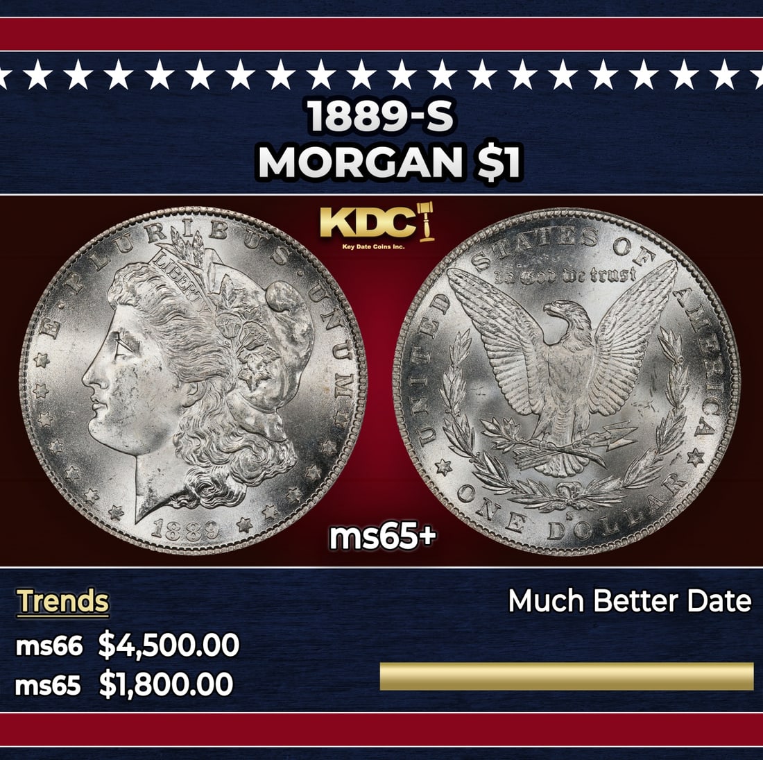 1889-s Morgan Dollar $1 ms65+ SEGS: 1889-s Morgan Dollar $1 ms65+ SEGS. Historic precious metal trends is causing increased spot pricing by the day. On auctions with set openings, we are doing our best to have items priced at their mark