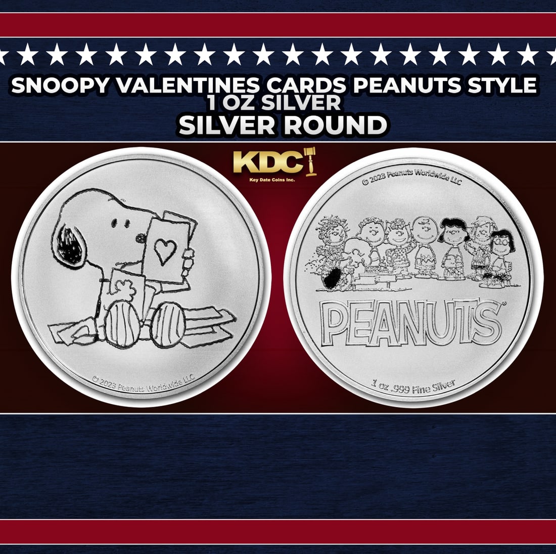 Snoopy Valentines Cards Peanuts Style - 1 oz Silver Round Round (1 of 3)