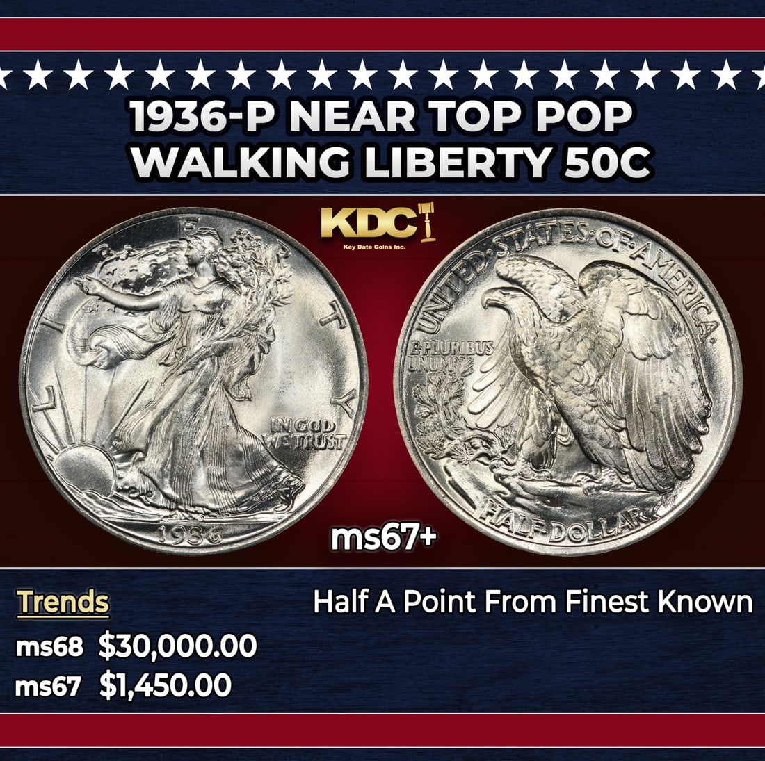 1936-p Walking Liberty Half Dollar Near Top Pop 50c ms67+ SEGS: 1936-p Near Top Pop Walking Liberty Half Dollar 50c ms67+ SEGS. Historic precious metal trends is causing increased spot pricing by the day. On auctions with set openings, we are doing our best to hav