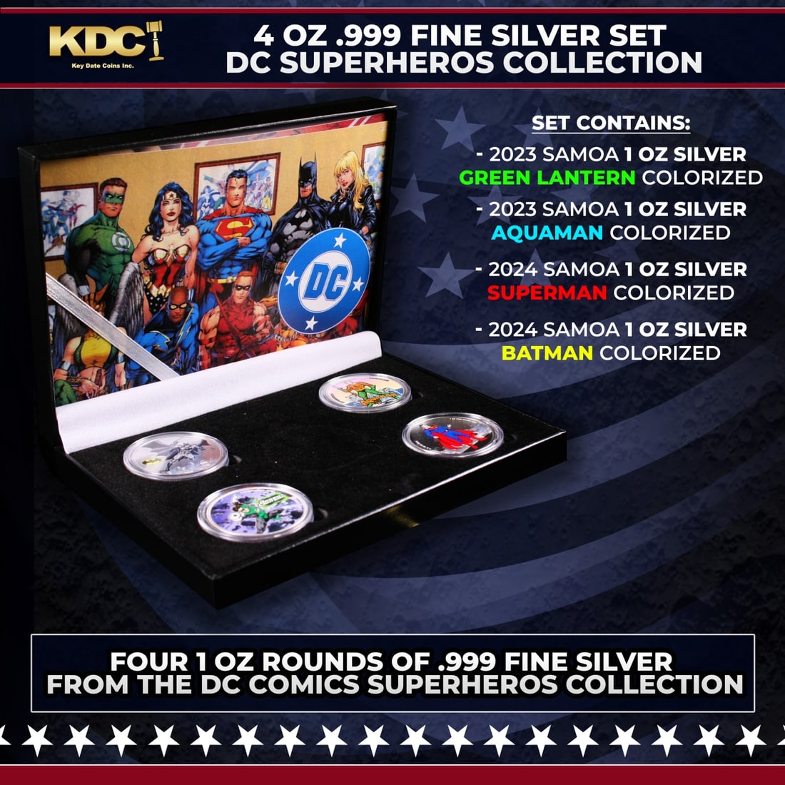4 OZ .999 Fine Silver Set DC Colorized Superhero's Collection: 4 OZ .999 Fine Silver Set DC Colorized Superhero's Collection. 4 OZ .999 Fine Silver Set DC Colorized Superhero's Collection. This set contains four 1 oz rounds of .999 Fine Silver from The DC Comics