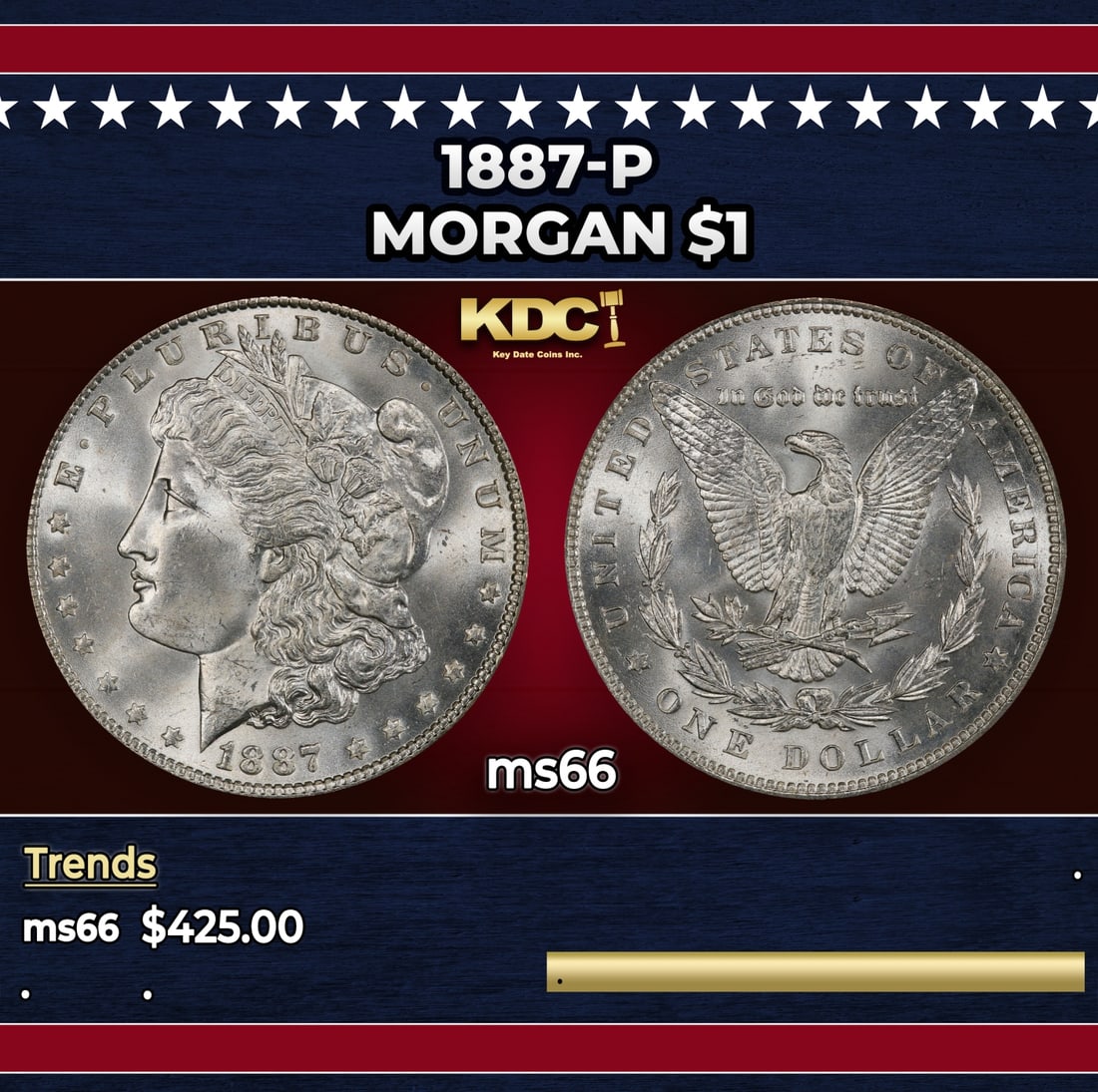 1887-p Morgan Dollar $1 Grades ms66: 1887-p Morgan Dollar $1 Grades ms66. Historic precious metal trends is causing increased spot pricing by the day. On auctions with set openings, we are doing our best to have items priced at their mar
