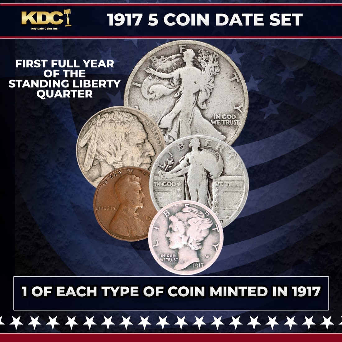 1917 5 Coin Date Set, 1 Of Each Type Of Coin Minted in 1917: 1917 5 Coin Date Set, 1 Of Each Type Of Coin Minted in 1917. Please Note All Backer Cards may have slight differences but will be very similar if not identical to the one in the photoHistoric precious